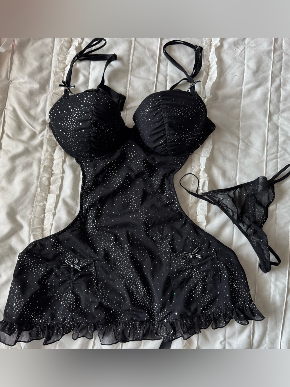 Black Sparkle Cutout Babydoll Chemise with satin bow and Matching Thong